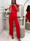 Fongt Summer New Women's Buttons Broad-Legged Pants Temperament Commuting Fashion Set