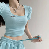 Fongt Collar Dew Collarbone Slim Bottom Shirt 2024 Summer New Short-Sleeve Crop Cord T-Shirt Student Short Jacket Female