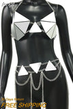 PU Leather Women 2 Piece Set Rave Festival Outfits Handmade Patchwork Metal Chain Backless Crop Top Lady