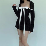 Black Stripe Long Sleeve Bow Mini Dress-Outfit