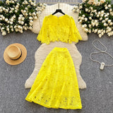 Fongt High-End Squeal Hook Lace Set Women's Summer Fashion Short Horn Sleeve Shirt High Waist Half-Dress