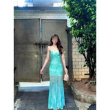 Fongt Green Butterfly Print Mesh Sling Dress Women Summer Seaside Holiday Pure Fishtail Ass Long