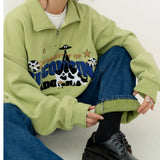 Green Cute Cow Embroidery POLO Shirt Sweatshirt Half Zipper Loose Casual Students Girls Pullover Kawaii Clothes