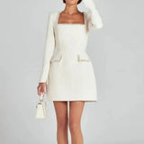 Tweed Solid Beaded Seam Mini Dress-Outfit