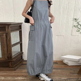Fongt Chic Spring And Autumn Hepburn Wind Sling Dress Women's Temperament Draw Rope Waist Show Thin Large Pocket Long Skirt-Outfit