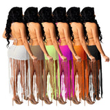 Fongt New Women's Solid Color Knit Sexy Strapless Tassel Beach Dress-Outfit