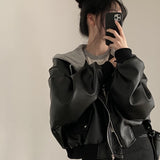 Fake Two-piece Pu Leather Hooded Jacket-Outfit