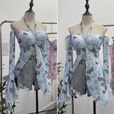 Horn Long Sleeve Bra Strap Bow With Chest Cushion Net Yarn Irregular Open Fork Tat
