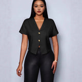 Fongt Solid Color V-Neck Metal Button Asymmetrical Sleeve Shirt