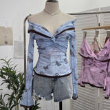 Fongt Oil Painting Print Collar A Word Twisted Folded Short-Sleeved Trumpet Blouse 9907