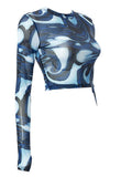 Mesh Long Sleeve Marble Print Crop Top-Outfit