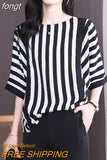 Women Blouses Stripe Loose Blouse Short-sleeve Satin Blouses for Women Batwing Sleeve Oversized Summer Clothing Womens