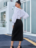 Side Slit Buttoned Denim Midi Skir-Outfit