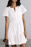 Fongt Women's V-Neck A-Shaped Hollow Lace Folded Short-Sleeved Mini Dress