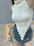Fongt Vest Knitted Shirt Women Spring Autumn New Design High-Necked Sweater Hot Girl Sexy Thin Short