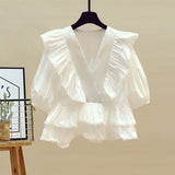 Women Summer Skirts Sets Korean Streetwear Two Piece Sets Ruffles Patchwork Shorts Sleeve Blouse And Irregular Long Skirts