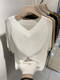 Ice Silk Knitted Tops Women Casual Loose V-neck Thin Knitwear T-shirts New Big Size 4xl Korean Short Sleeve Pullover