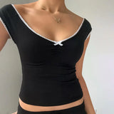 Trend Sweet And Spicy Style Small Sexy V-Collar Bow Splicing Color Slimming Vest T-Shirt 2024 Spring / Summer New Style-Outfit