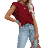 Fongt 2025 Women's Hot-Selling Round-Neck Double-Layered Lotus Leaf Tops Short-Sleeved Women's T-Shirt