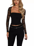 Women's New Sexy Perspective Lace Dress Two Sets Of Long-Sleeved Top T-Shirt Two