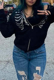 Rhinestone Skull Zipper Hoodie-Outfit