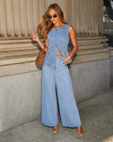Fongt Selling New Solid Color Loose Fashion Long-Sleeved Denim Set Wide-Legged Trousers