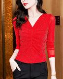 Photos Shinning Mesh Top Tshirt Women Pleated V Neck Long Sleeve Hot Pressing Ringstones Stretchy Tees T-Shirts-Outfit