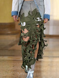 Fongt New Personality Trend Army Green Irregular Hollow Out Splicing Camouflage Design Sense Women's Long Skirt-Outfit