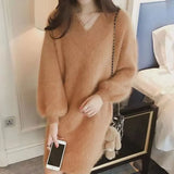 All-match Midi Elegant Solid Color Sweaters 2023 Autumn Winter Korean Loose Long Sleeve V-Neck Jumpers Women's Clothing-Outfit