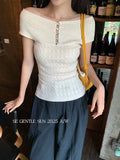 Fongt Xixi 2025 Autumn White Label New Word-Collar Wool Bottom Knitted Knitted Short-Sleeved T-Shirt For Women 25362