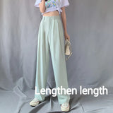 Lengthen Length Solid Pants Women 2020 Summer Elastic Waist High Waist Trouser Female Full Length Pocket Wide Leg