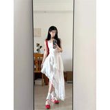 Fongt Korean Holiday Style White Lace Splicing Sling Dress Women's 2025 Summer Irregular Cake