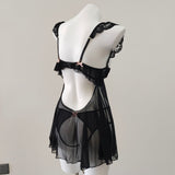 Fongt New Sexy Pajamas Female Summer Emotional Fun Small Breast Lace Splicing Slings Hollow Mesh Yarn Ajamas