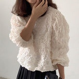 Chic Spring Retro Simple Round Collar Design Pleated Loose Versatile Bubble Sleeve Sleeve Shirt Jacket-Outfit