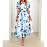 Fongt Spring Summer New Long Women's Bubble Sleeve High-End Print Sexy Style Women's Dress Dress