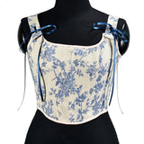Fongt French Orchid Print With Fish Bone Corset Short Vest Bustier Crop Early Spring New