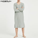 Robes Sleepwear Solid Color Long Sleeve Homewear Comfortable Leisure V Neck Loose Soft Nightgown Men Bathrobes S-3XL