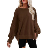 Fongt Women's Clothing 2025 Autumn And Winter New Women's Large Round-Neck Sweatshirt Side Open Fork Long-Sleeved Sweater
