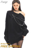Y2K Gothic Oversized Sweater Women Punk Grunge Zipper Knitted Jumper Sexy Loose Casual Off Shoulder Chic Pullover