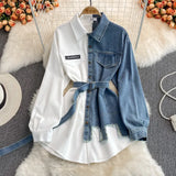 Spliced Corduroy Lapel Dress 2023 Autumn And Winter New Korean Version Waist Shows Thin Irregular Medium Length-Outfit