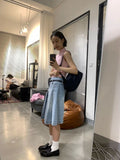 Pleated Skirt Women Girls Blue Jeans Midi Knee-length Denim Skirt A-line Long Skirt Y2k Korean Vintage