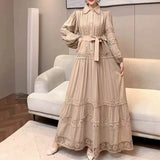 Fongt Retro Elegant Lace Splicing Strap To The Waist Lantern Sleeve Dress Female Thin Temperament Court Style Dress