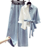 Fongt Plus Size Women's Spring Set Women's Fake Two Shirts Skinny Jeans Two-Piece