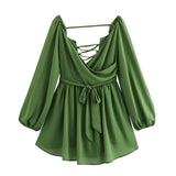 Fongt Explosive Women's Temperament V Neck Shoulder Sleeves Tethered Waist Dress