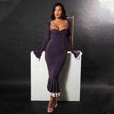 Solid Long Flared Two-piece Crop Sleeve Midi Dress-Outfit