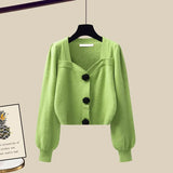 Knit Sets Womens Outfits French Vintage Square Collar Knitted Sweater And Wide Leg Pants Two Pieces Sets Office Lady