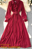 Women Chiffon Dress Elegant Long Sleeve Lapel Ruffles Party Dresses Ladies High Waist Pleated Solid Long