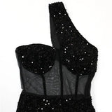 Glitter Sequins Mini Dresses for Women Party Night One Shoulder Cut Out Sheer Mesh Patchwork Bodycon Club Dresses Backless-Outfit