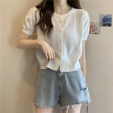 Fongt Kong Flavor Retro Round-Neck Short-Sleeved Knitted Shirt Girls Summer Thin Design Slim Short Thin Open Shirt Top