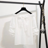 Summer two piece set New Off Shoulder Loose Half Lantern Sleeve Solid Cute Blouse Jean Shorts Two-Piece Outfit Casual